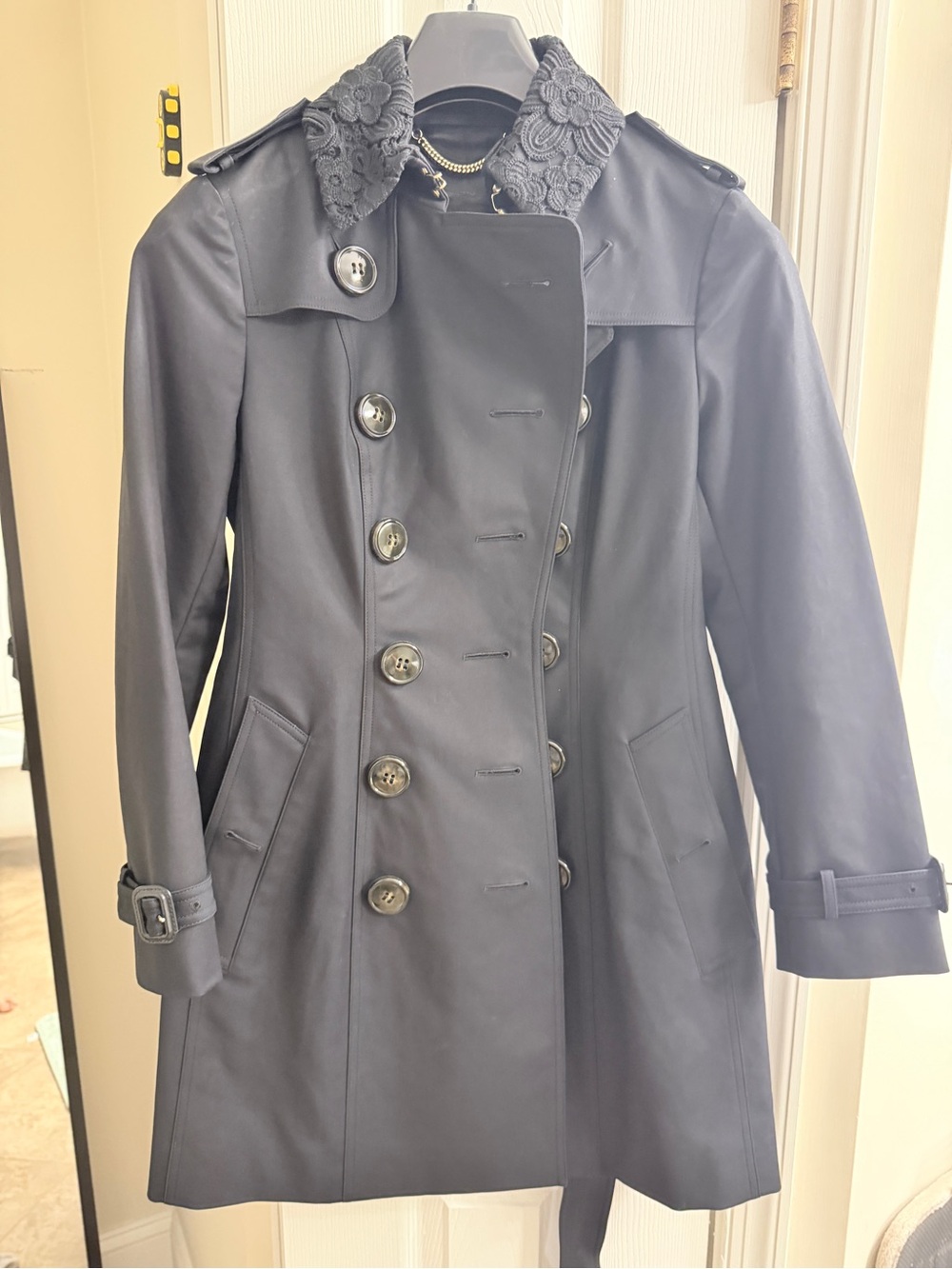 Burberry Women’s Black Double-Breasted Trench Coat with Lace Collar